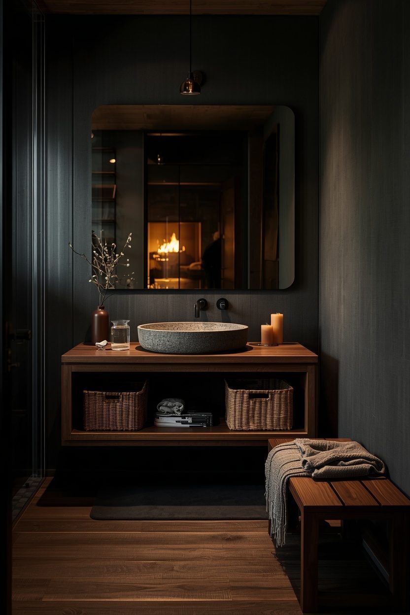 Lucid Origin Cozy Interior Photography Dark Luxury Bathroom Modern Organic Style Walnut Brown 0