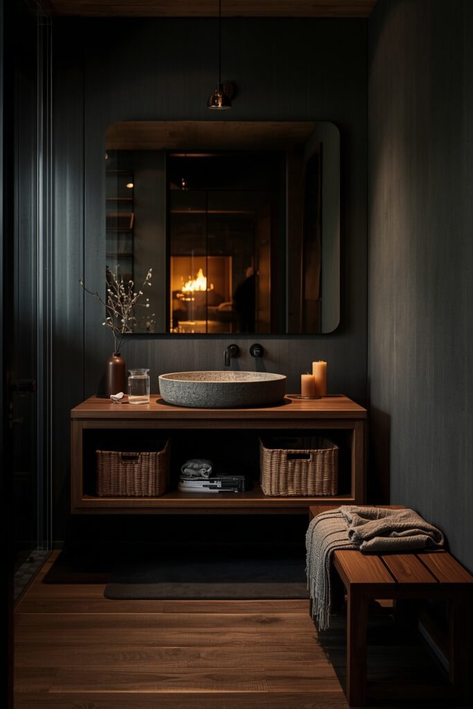 Lucid Origin Cozy Interior Photography Dark Luxury Bathroom Modern Organic Style Walnut Brown 0