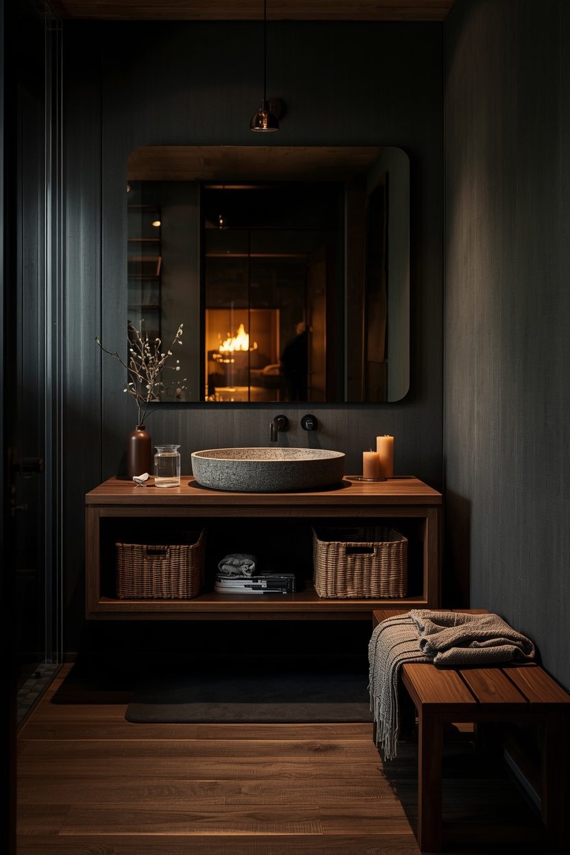 Lucid Origin Cozy Interior Photography Dark Luxury Bathroom Modern Organic Style Walnut Brown 0